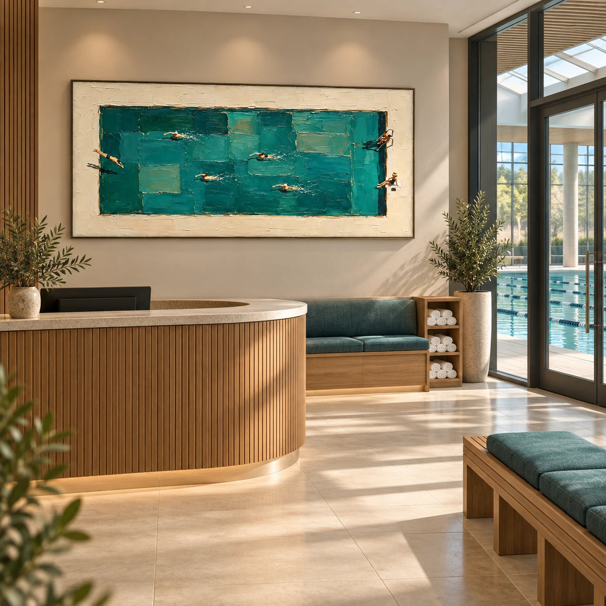 poolside laps displayed in a swim club reception
