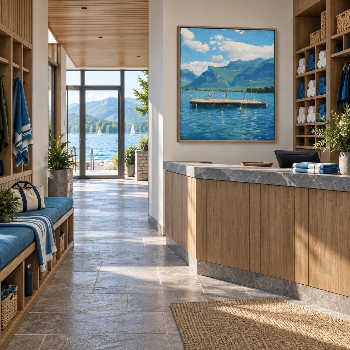 lake days beneath the alps displayed in a lakeside swim club reception