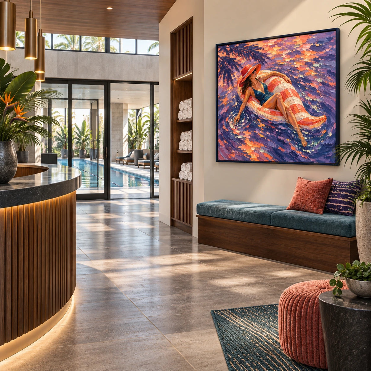 sunlit drift displayed in a swim club reception