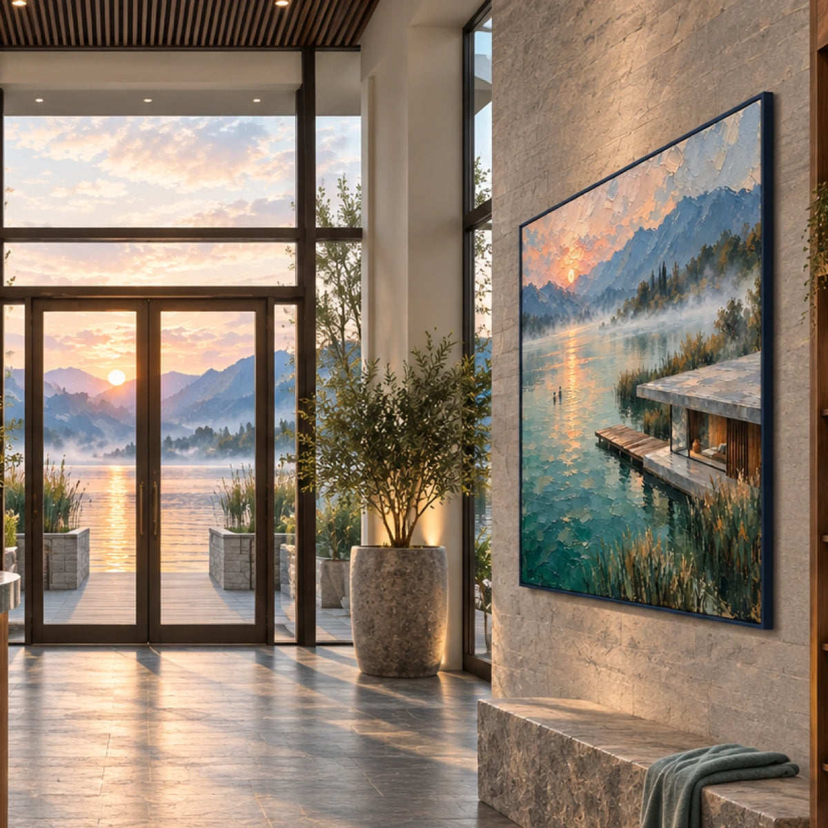 misty mountain lake displayed in a lakeside wellness club reception