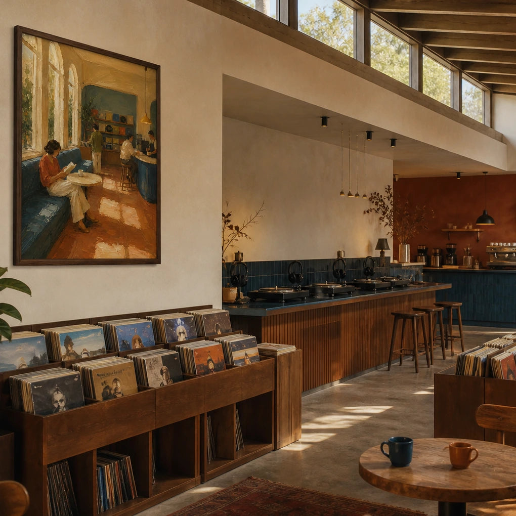 sunlit record café displayed in a record café listening room