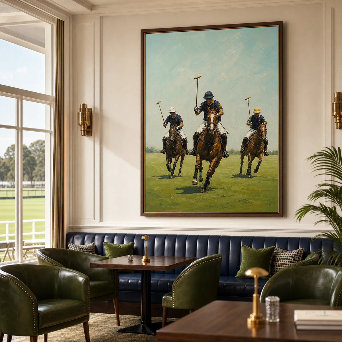 field in full swing displayed in a polo club lounge