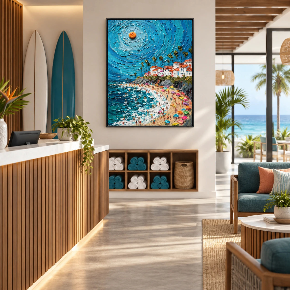 golden hour coastline displayed in a surf club reception