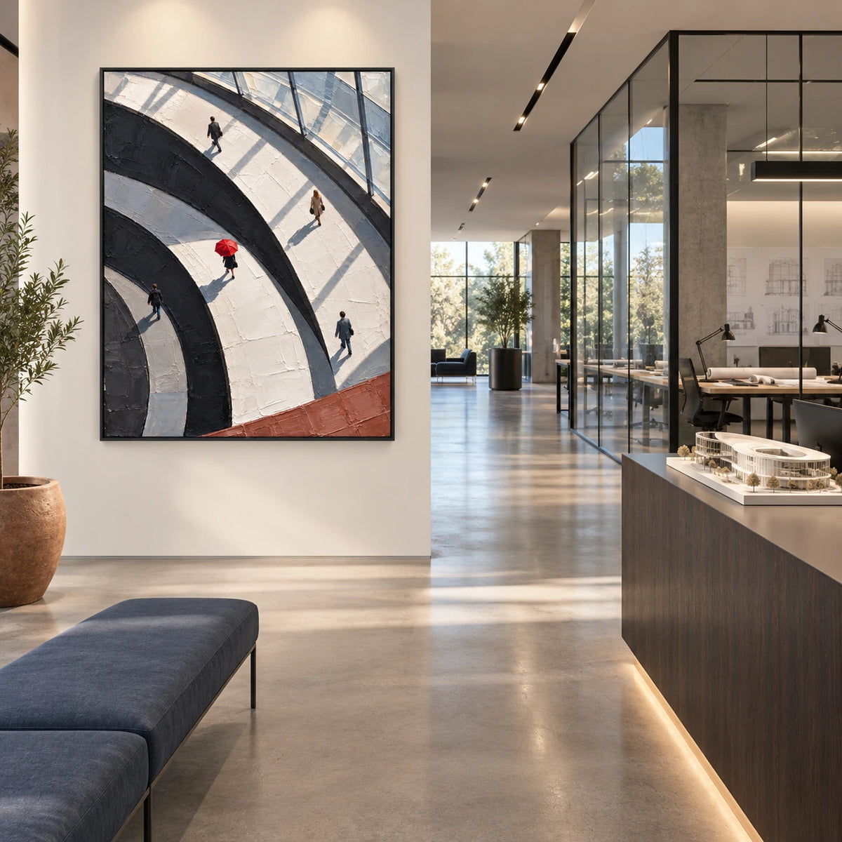 paths through light displayed in a architecture studio reception