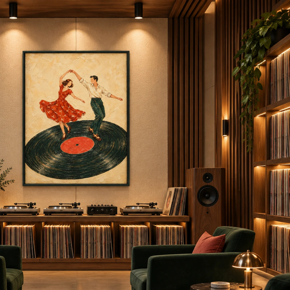 dancing on a record displayed in a vinyl listening room
