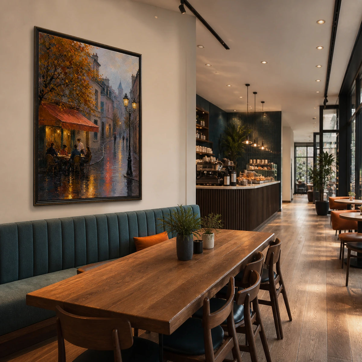 rainlit cafe evening displayed in a gallery café