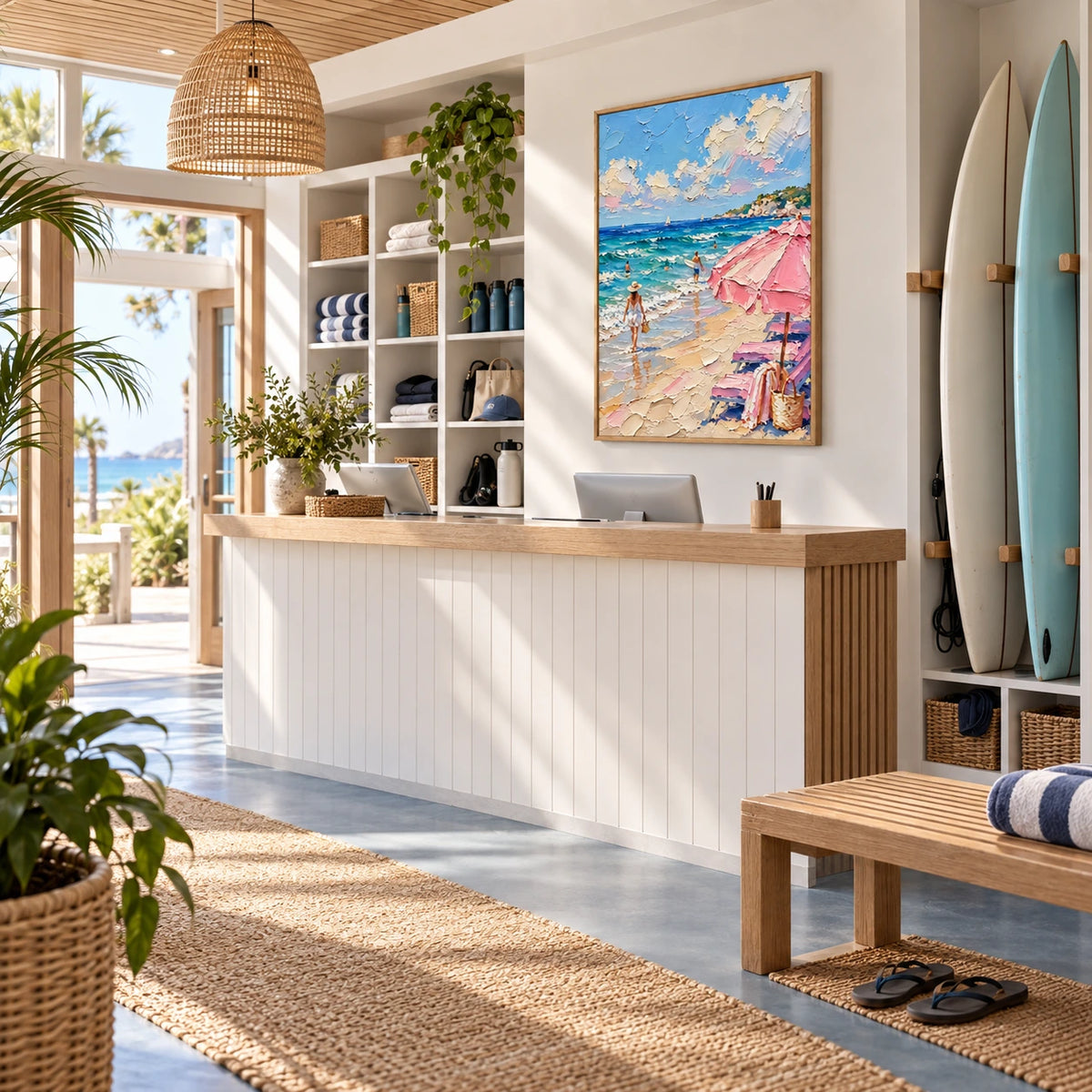 seaside pink umbrella displayed in a surf club reception