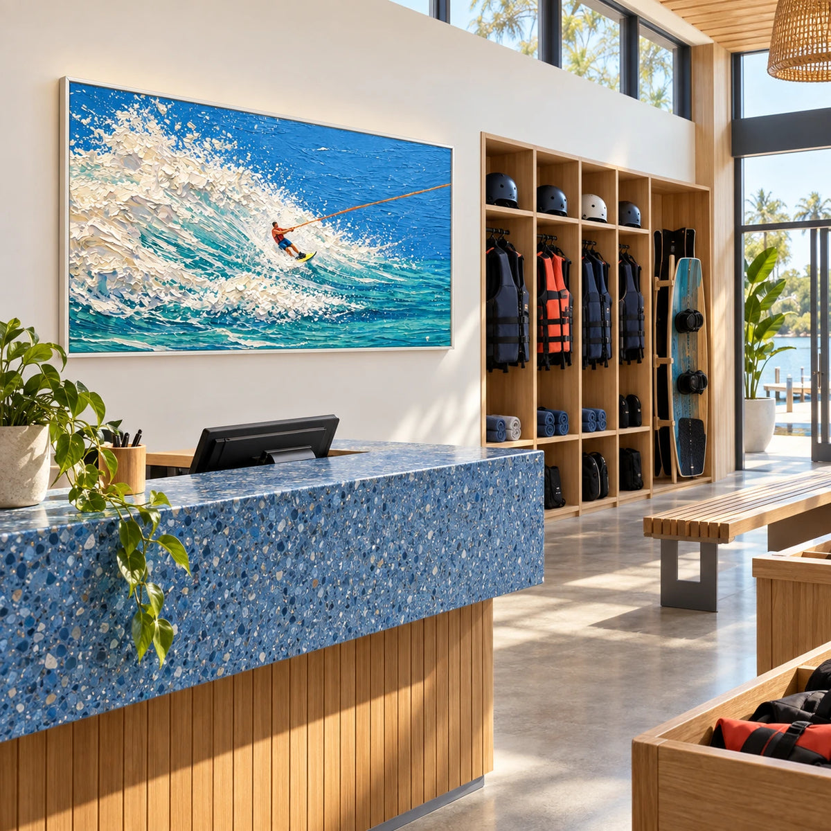 rider in breaking surf displayed in a watersports club reception