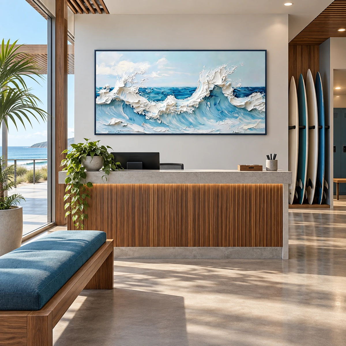 seafoam breakers displayed in a surf club reception