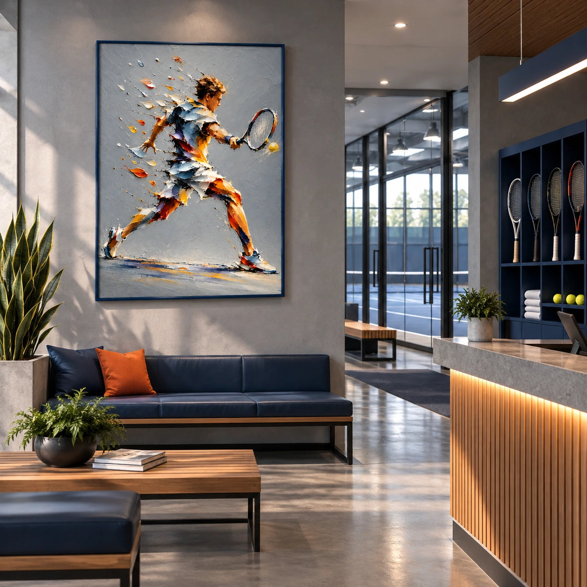 rally in motion displayed in a tennis club reception