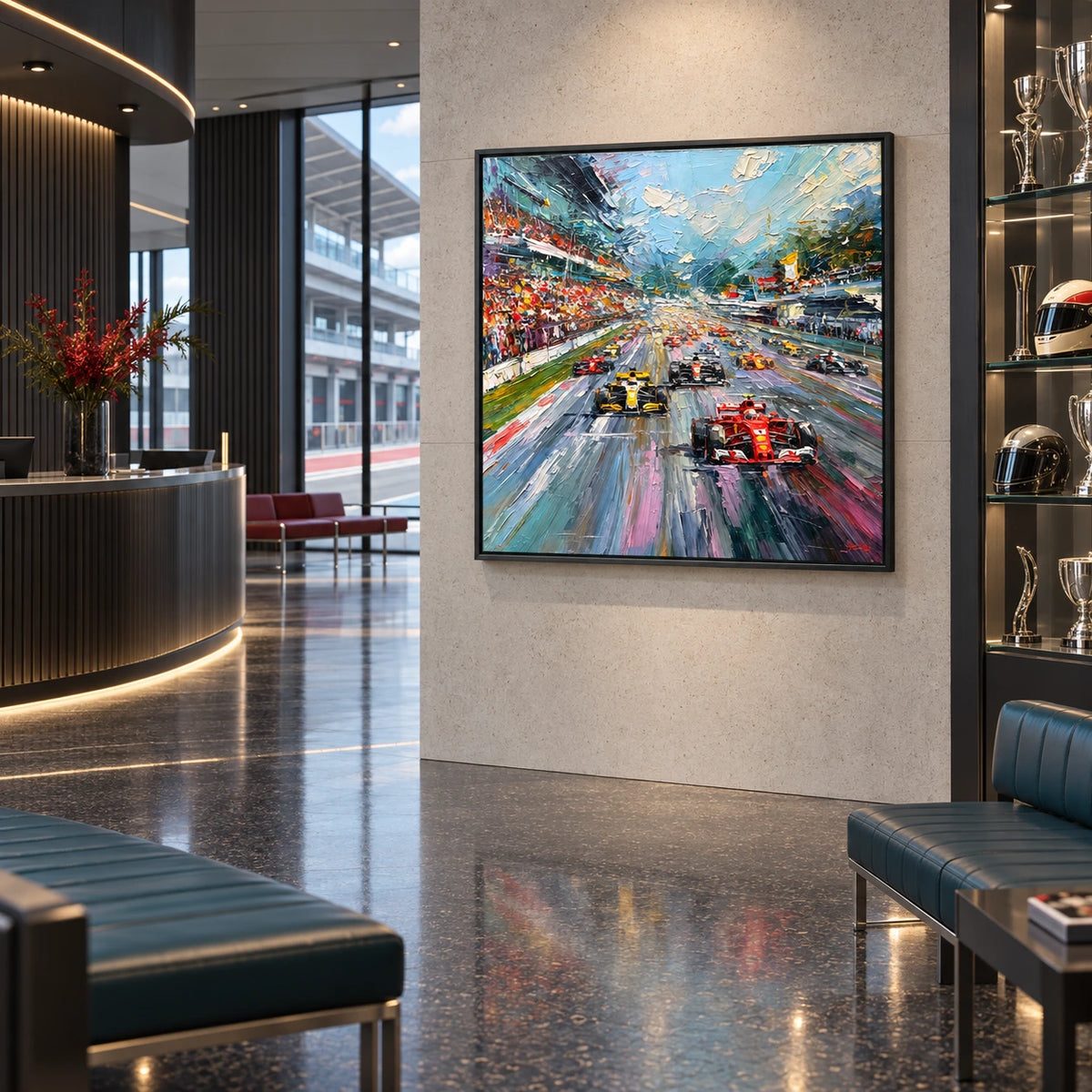 formula one in motion displayed in a motorsport club reception