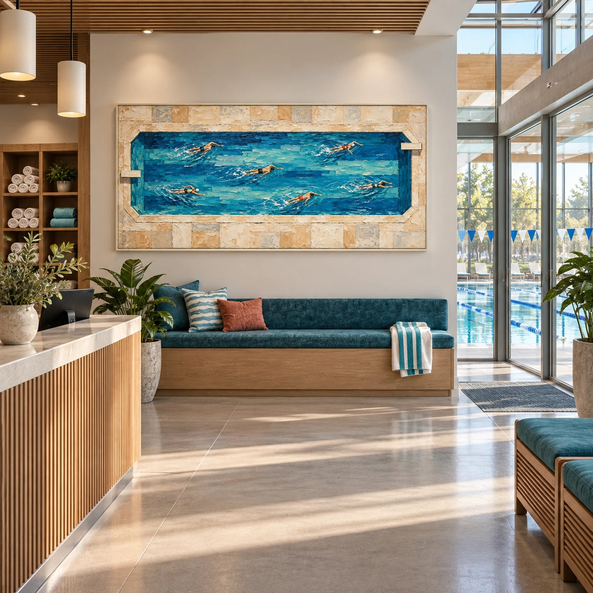 poolside spring displayed in a indoor swimming club reception