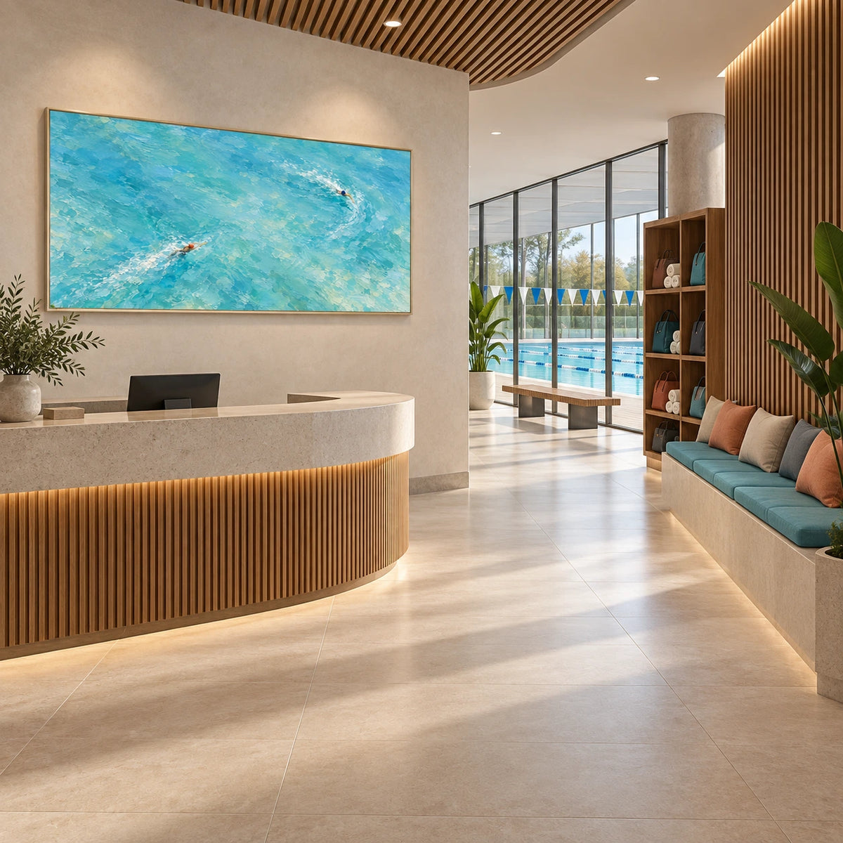 crossing open water displayed in a swimming club reception