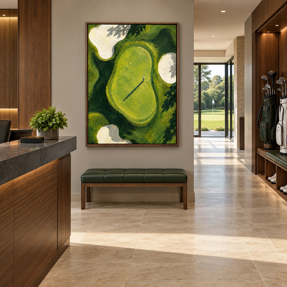 the long fairway displayed in a golf club reception