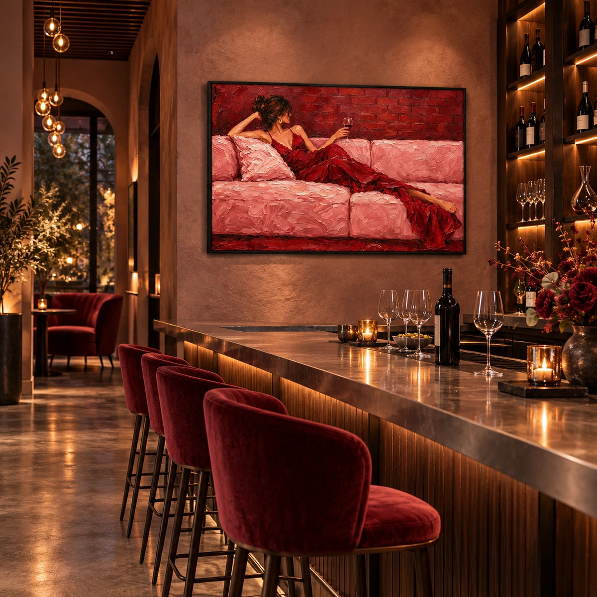 crimson pause displayed in a wine bar tasting lounge