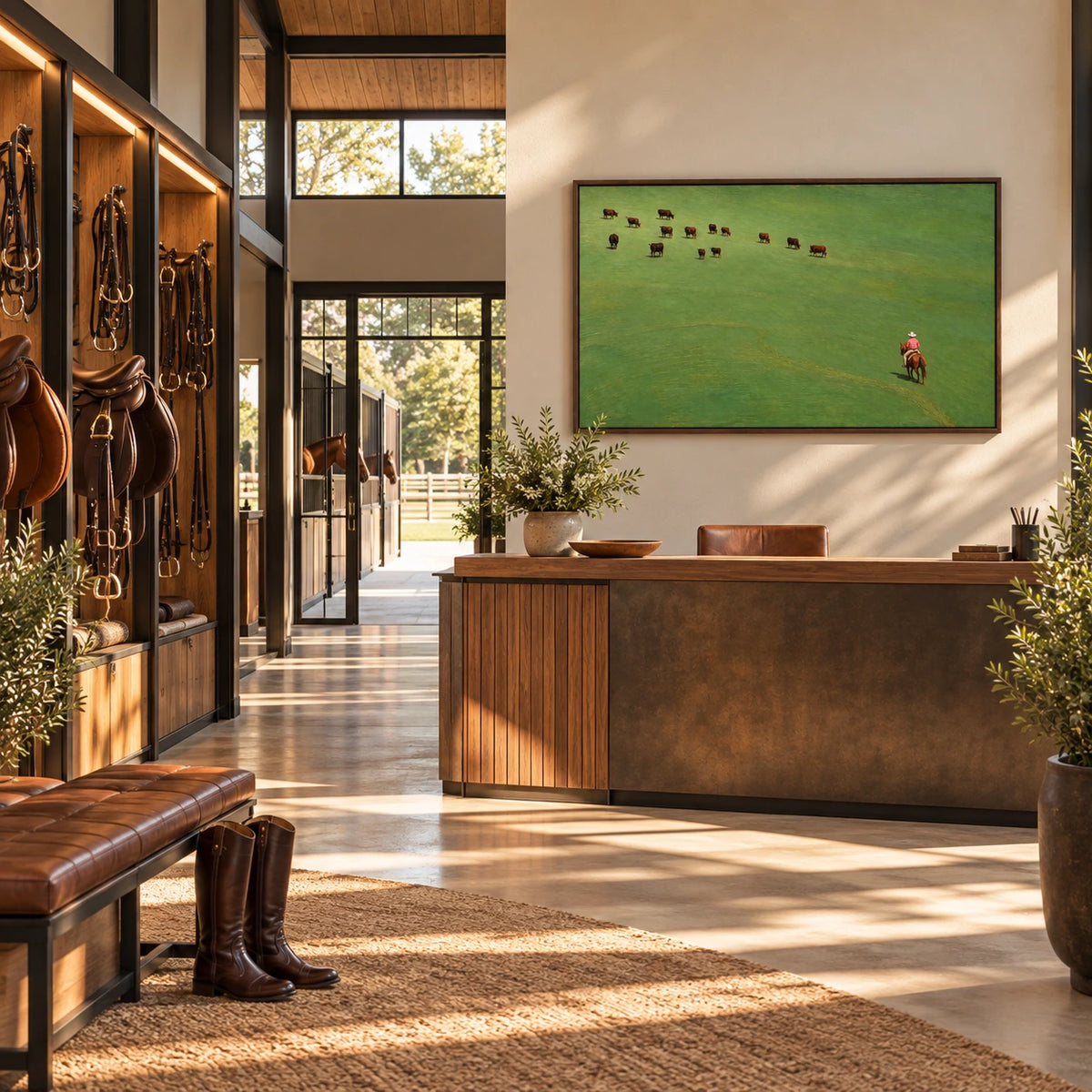 quiet pasture ride displayed in a equestrian club reception