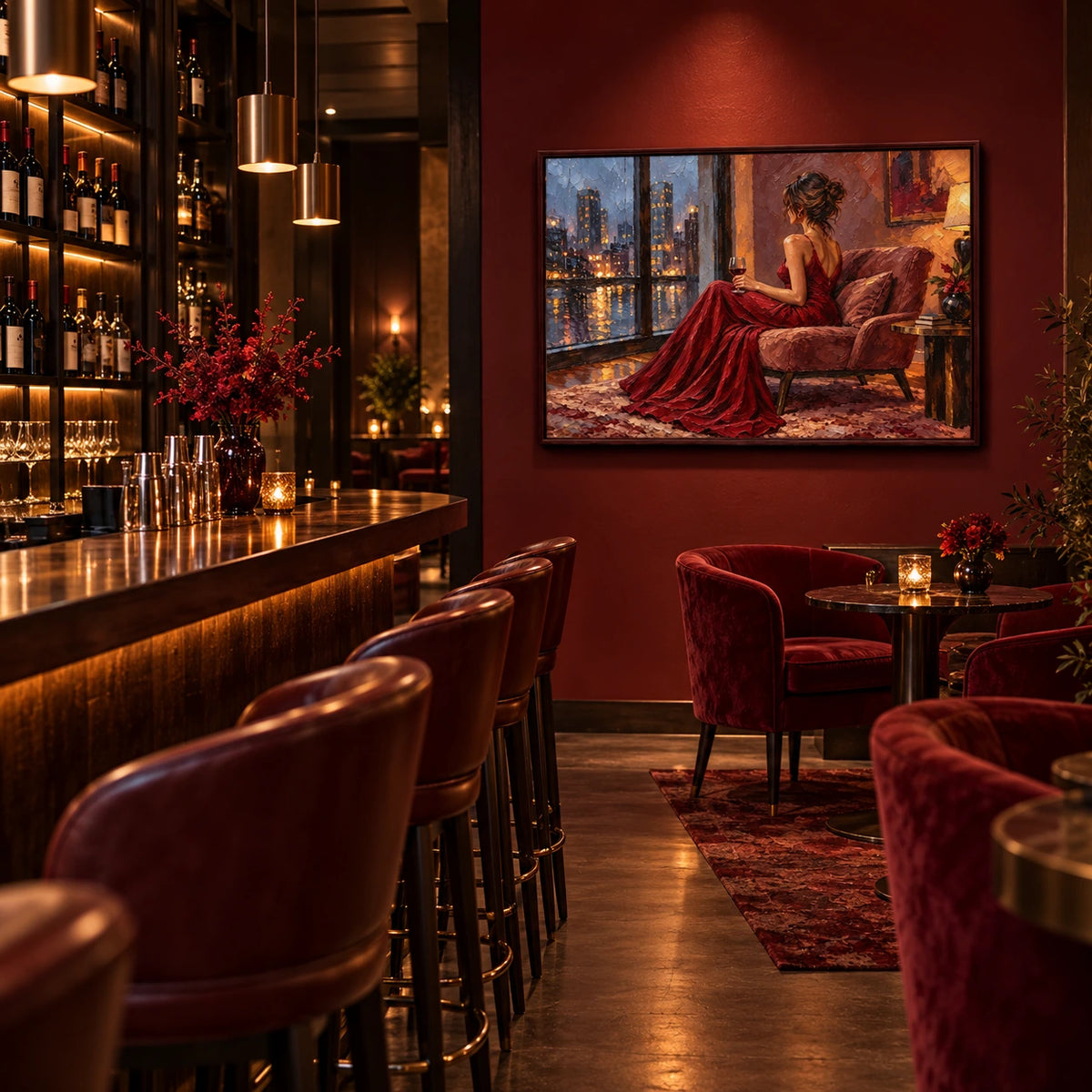 midnight wine by the window displayed in a urban wine bar