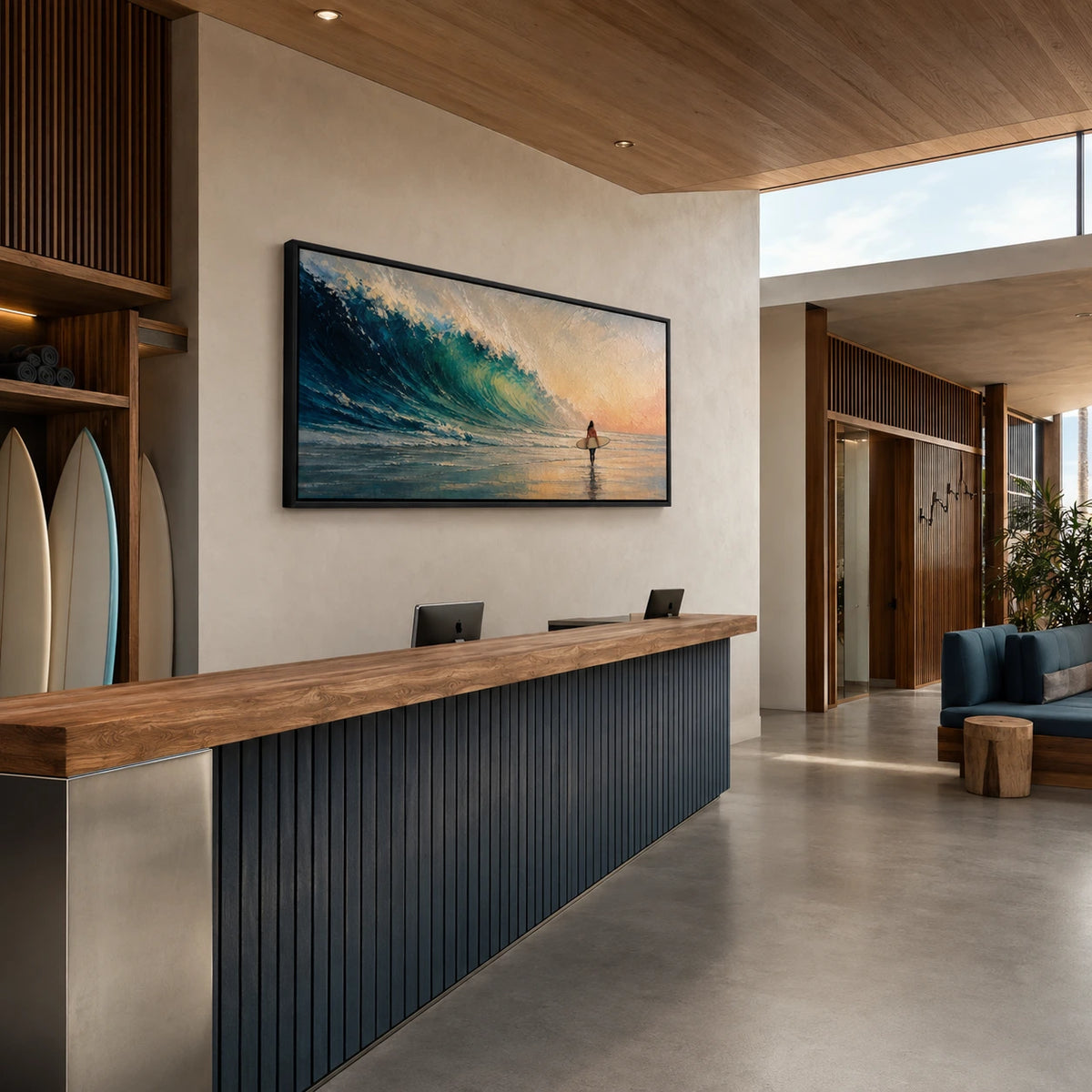 between tide and sky displayed in a surf club reception