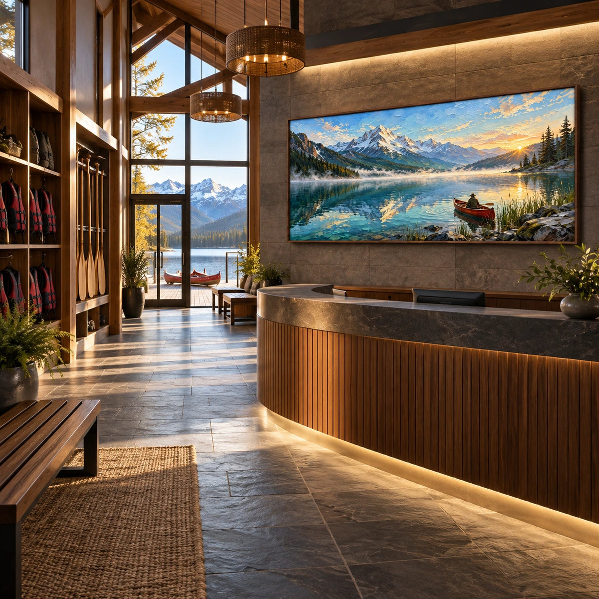 mountain lake at first light displayed in a canoe club reception