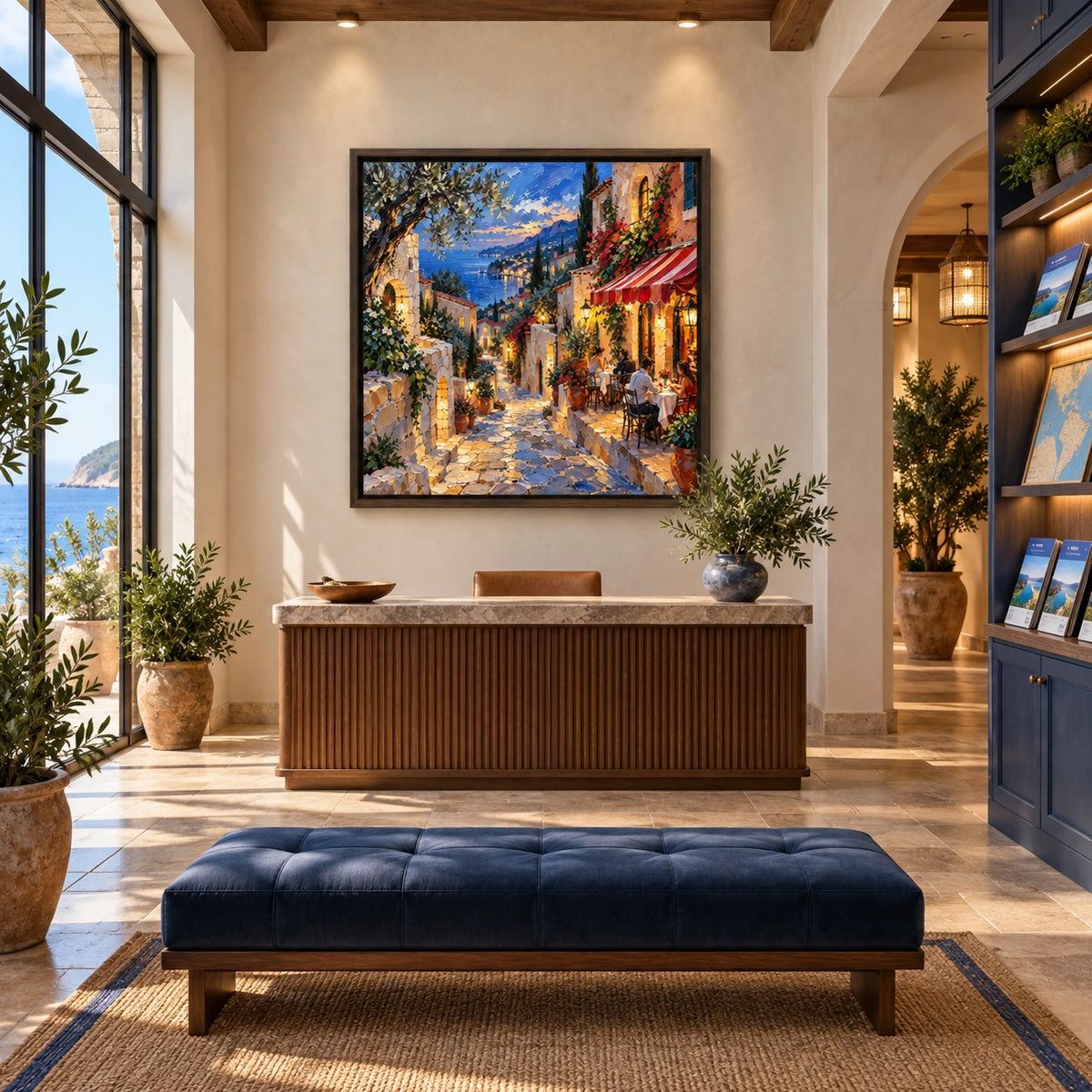 coastal evening in bloom displayed in a coastal travel club foyer
