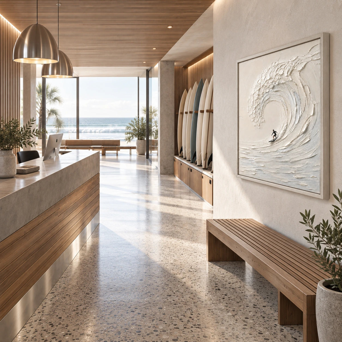 into the curl displayed in a surf club reception