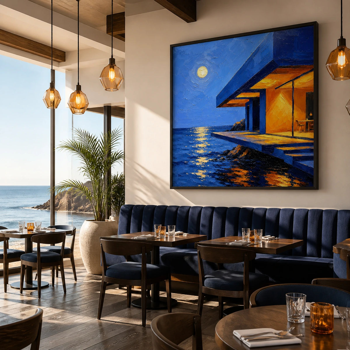 moonlit coastal hideaway displayed in a coastal dining