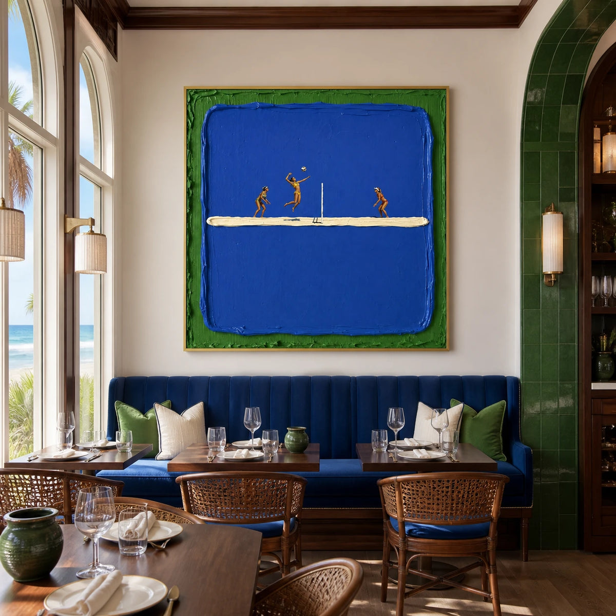 blue court rally displayed in a coastal dining