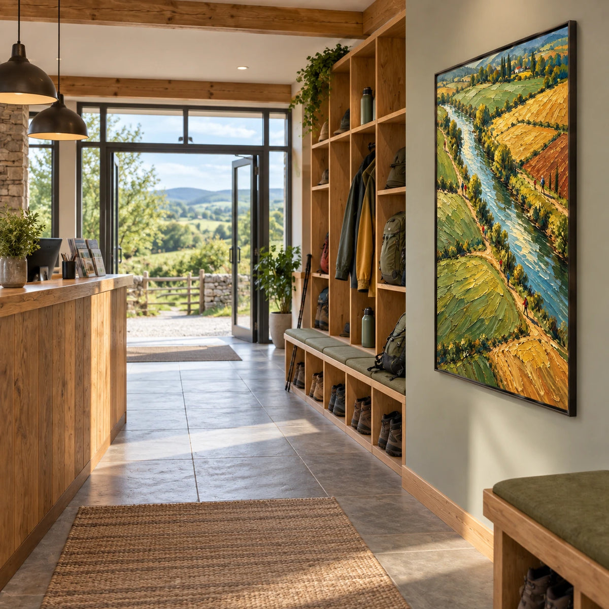 river through open fields displayed in a hiking club reception
