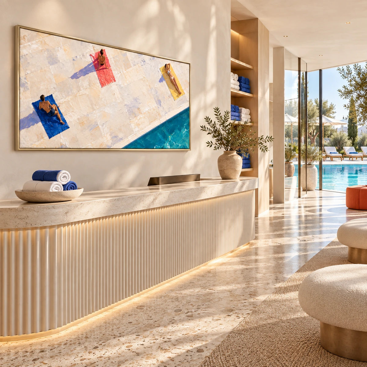 poolside sunlight displayed in a pool club reception