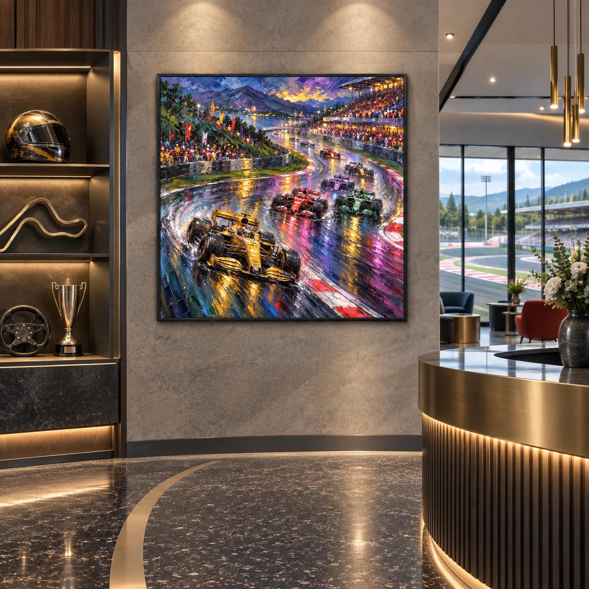 rainy mountain grand prix displayed in a motorsport club reception
