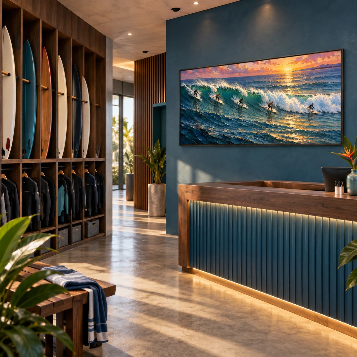 sunset wave riders displayed in a surf club reception
