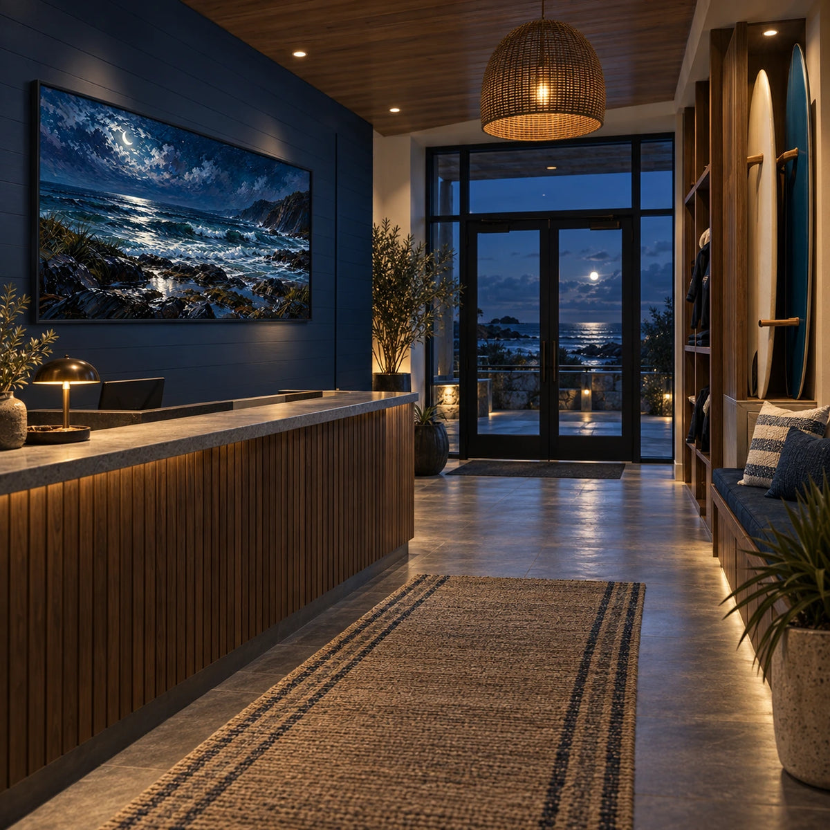 crescent moon coastal night displayed in a coastal surf club reception