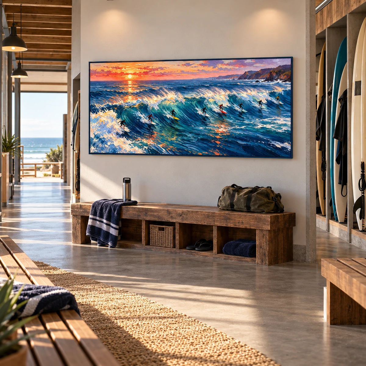 surf beneath an amber sky displayed in a coastal surf club