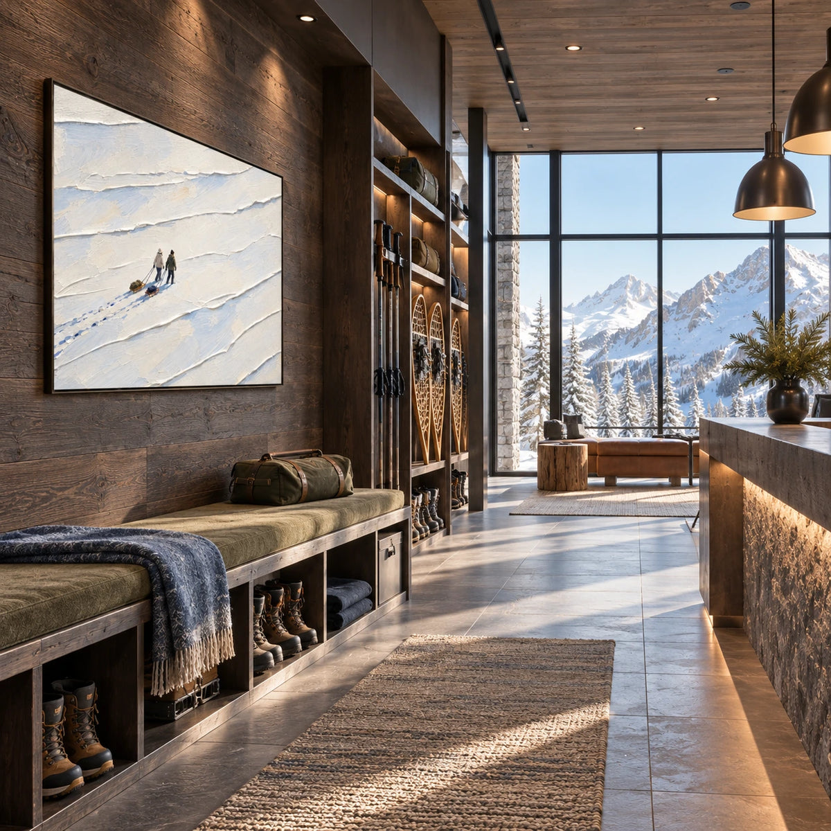 winter trek displayed in a alpine expedition lodge
