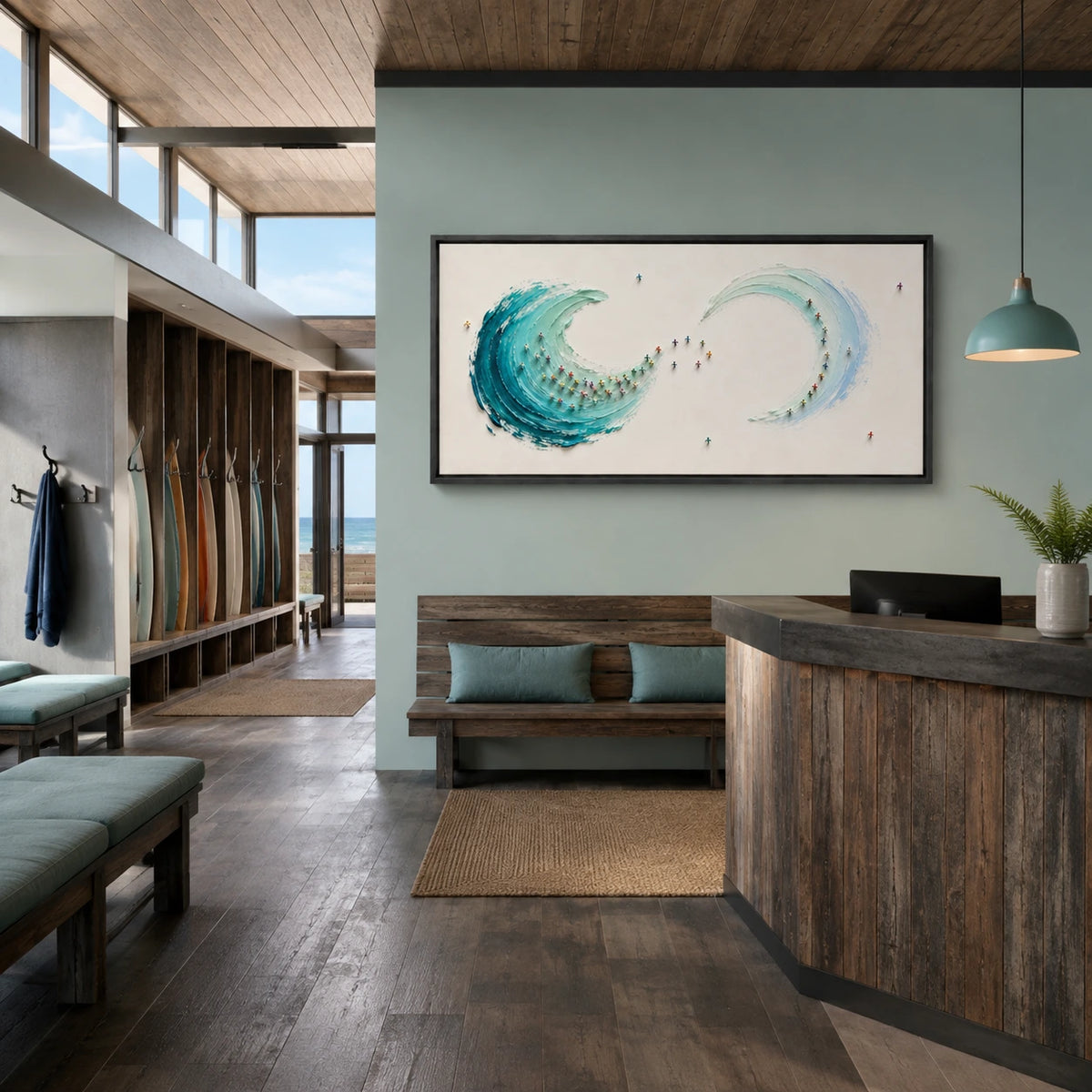 riding the endless tide displayed in a surf club reception