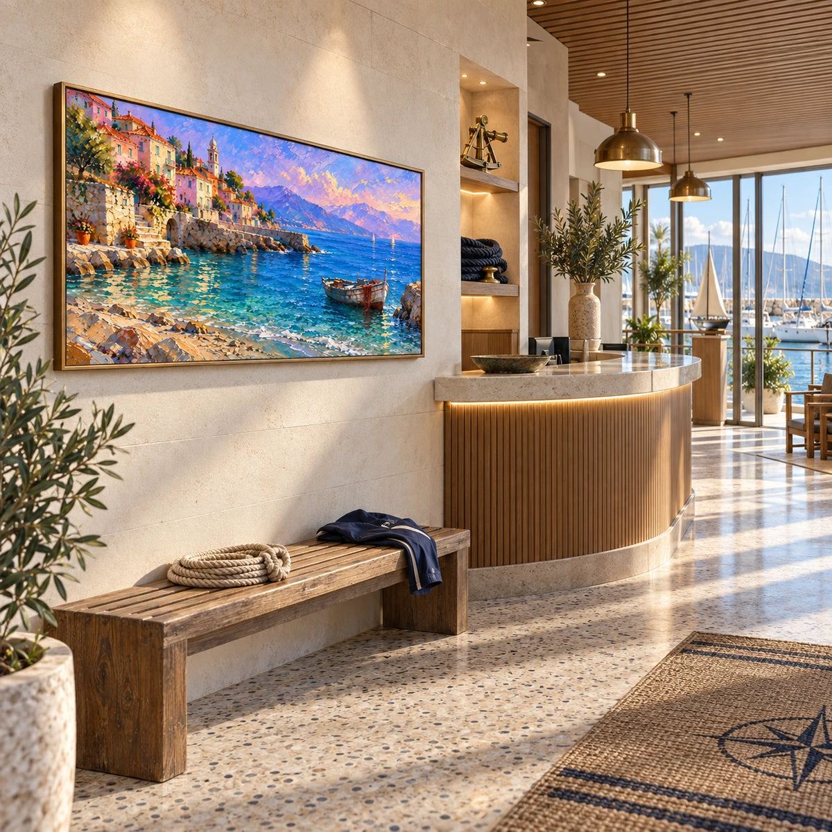 aegean village by the sea displayed in a sailing club reception
