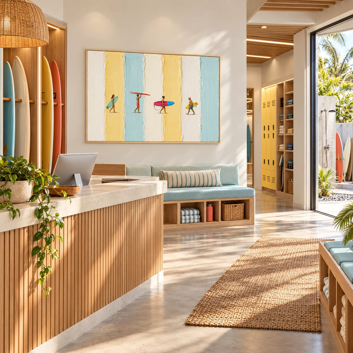 pastel surfboard parade displayed in a surf club reception