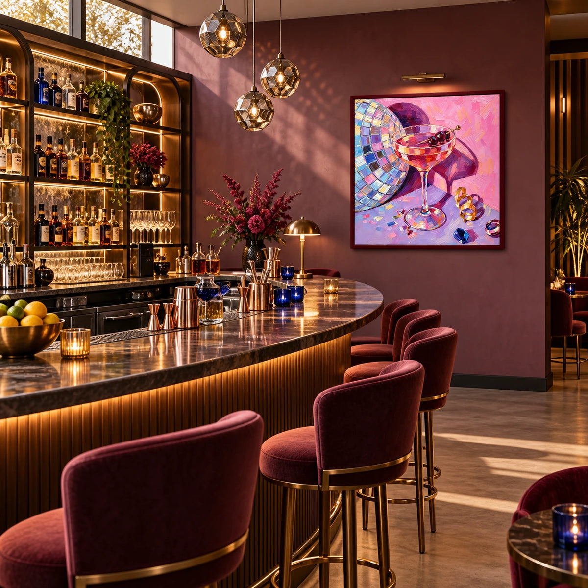 pink cocktail house displayed in a boutique cocktail bar