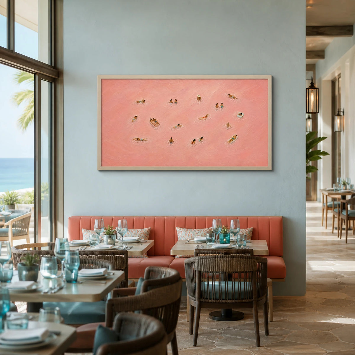 rosewater drift displayed in a coastal dining