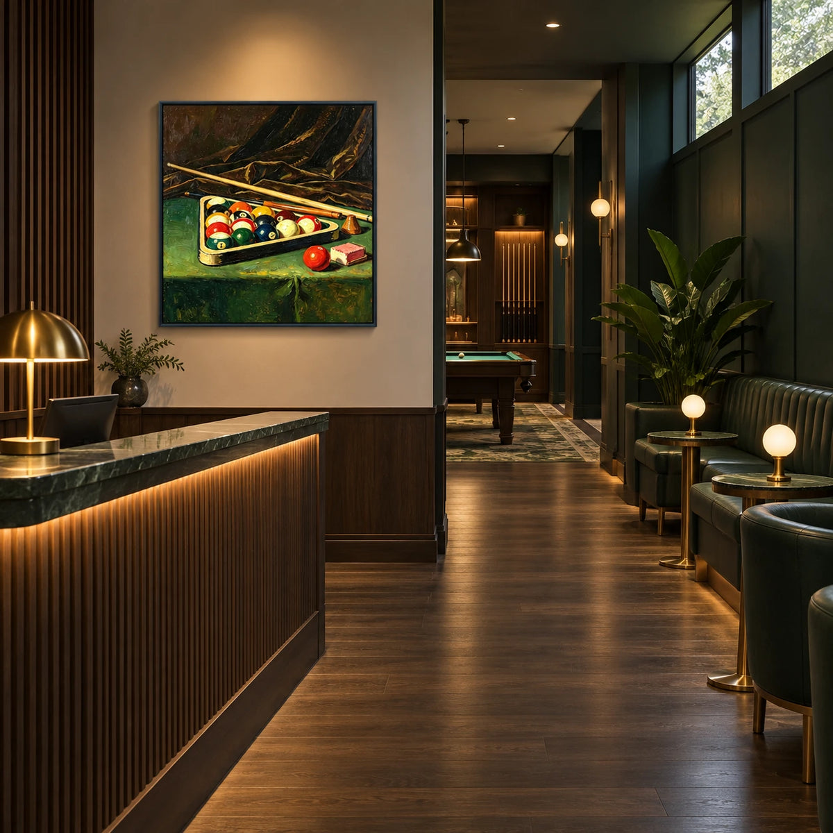 billiards after dark displayed in a billiards club reception