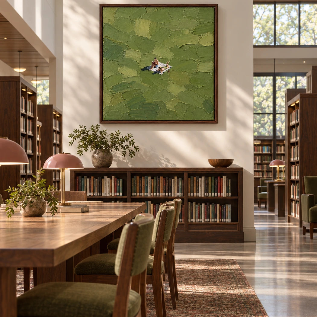 green picnic readers displayed in a library reading room