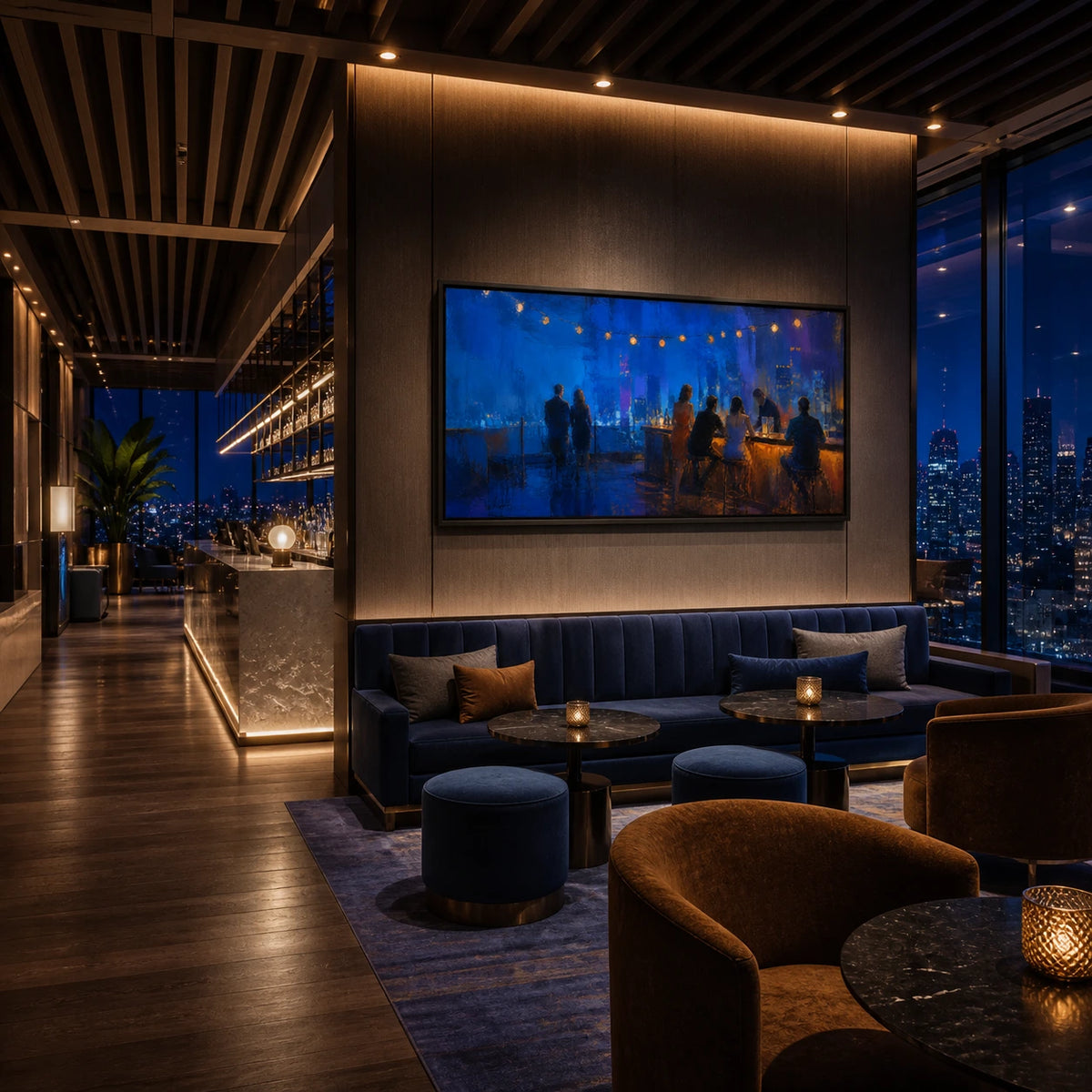 blue hour rooftop displayed in a rooftop members' lounge