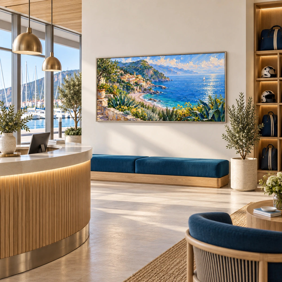 coastal village by the blue sea displayed in a sailing club reception