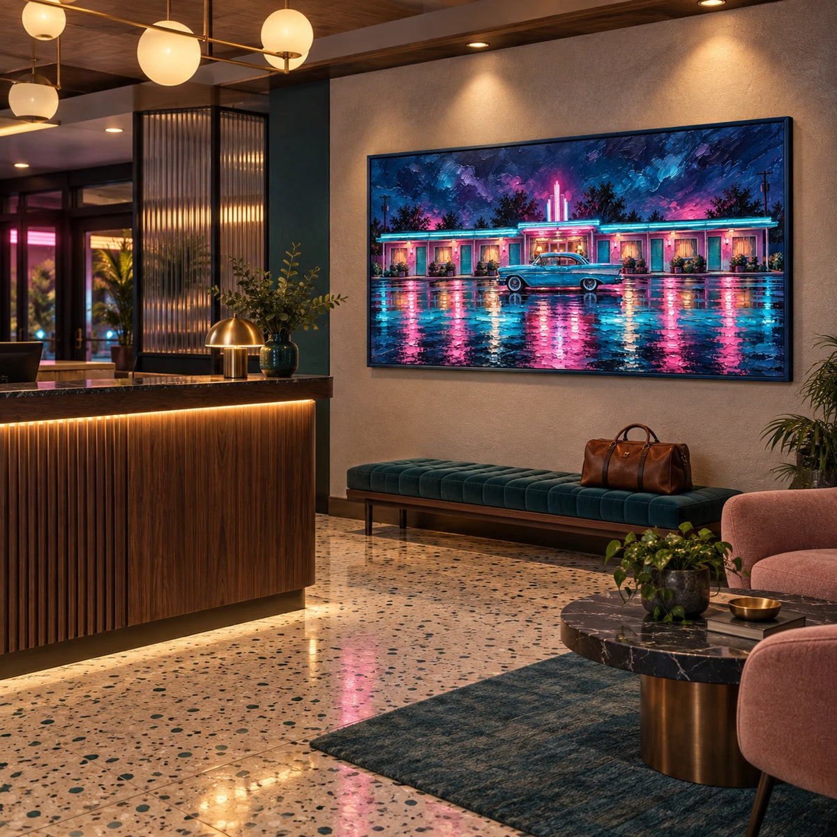 neon motel after rain displayed in a vintage motor hotel reception