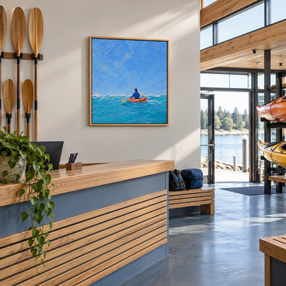 coastal kayak displayed in a kayak club reception
