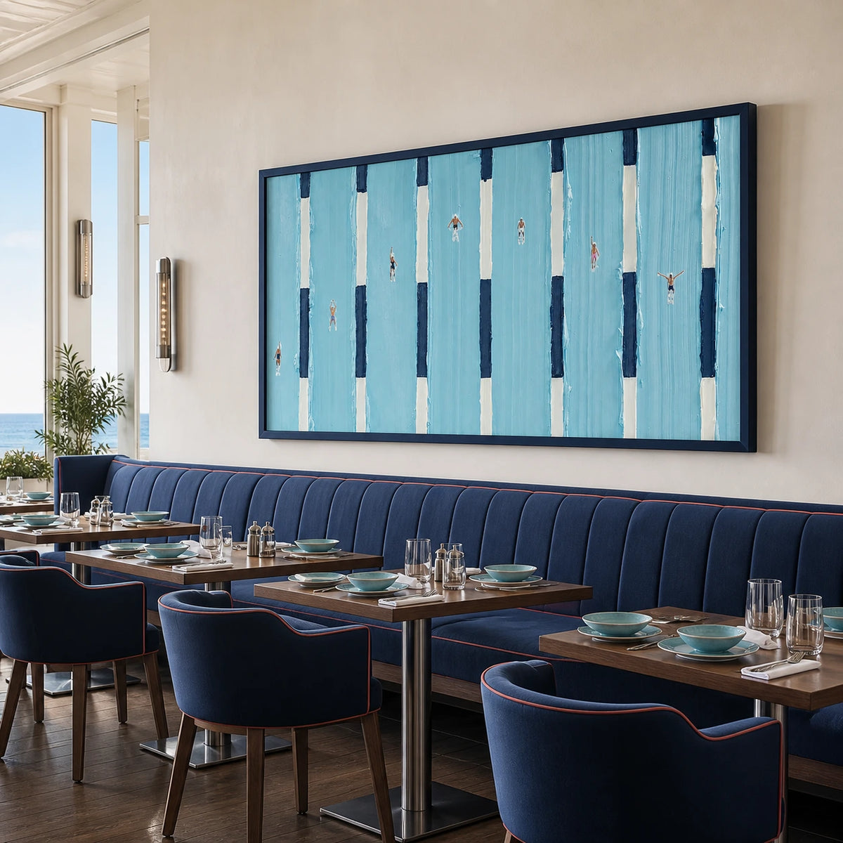 between the lanes displayed in a coastal dining