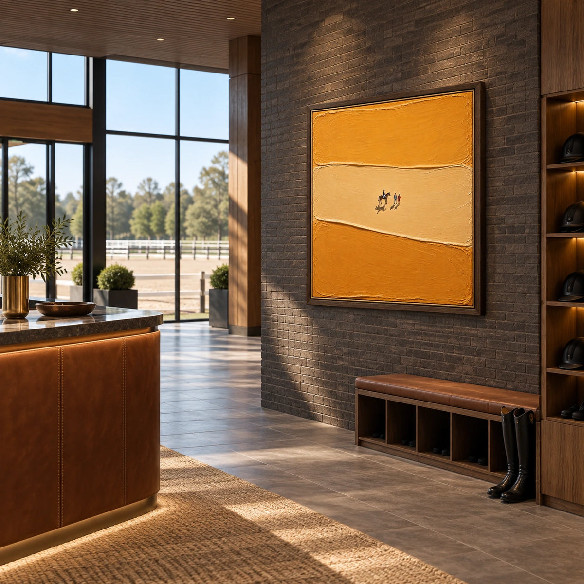 riders in golden light displayed in a equestrian club reception