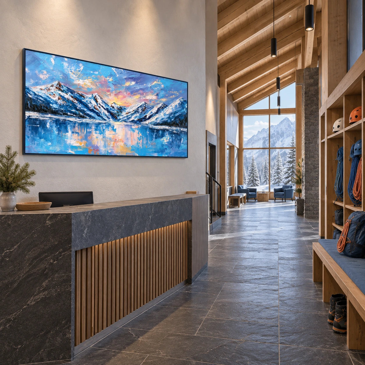 alpine lake at first light displayed in a alpine climbing club reception