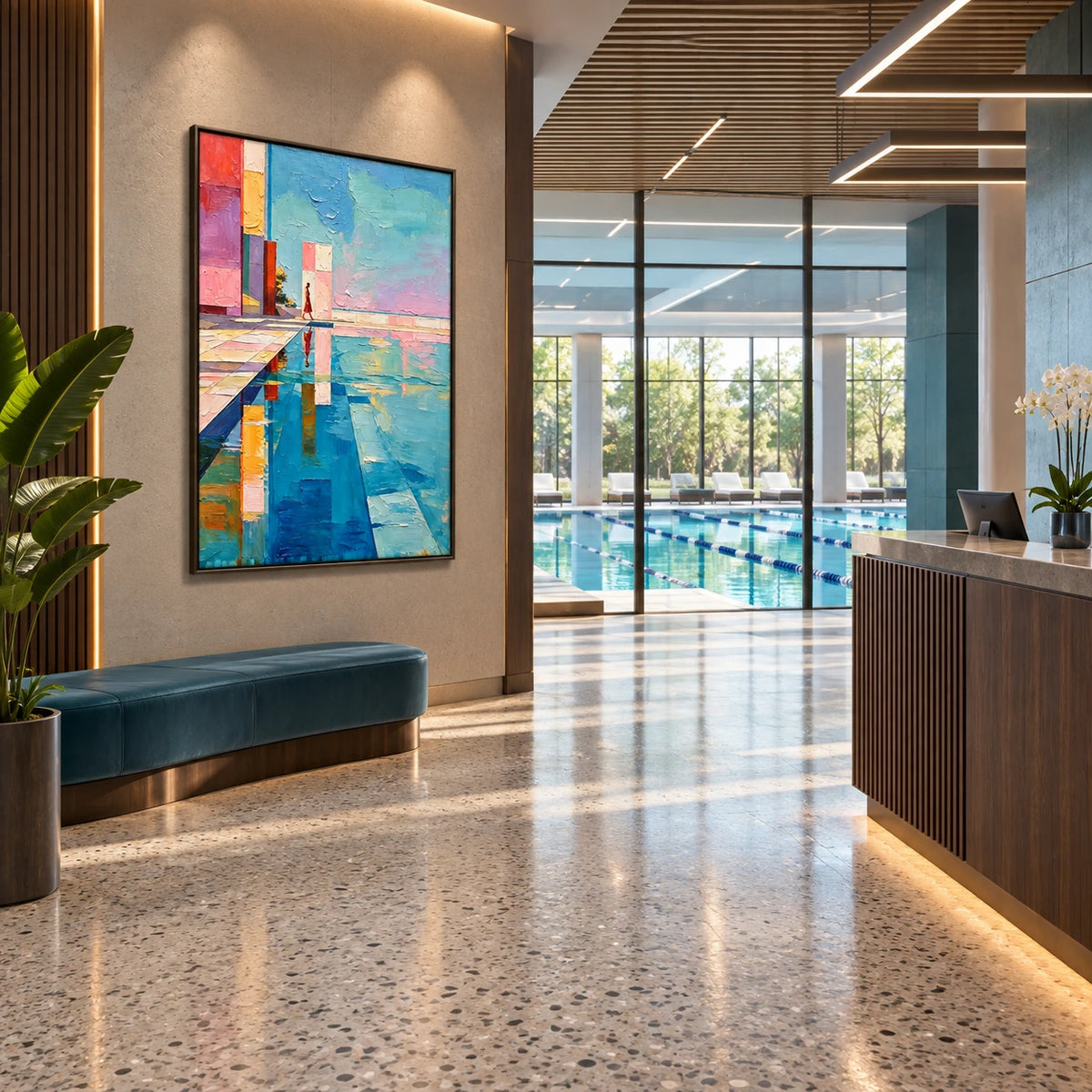 quiet poolside passage displayed in a aquatic club reception