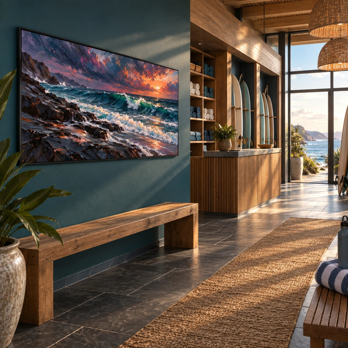 coastal fire displayed in a surf club reception
